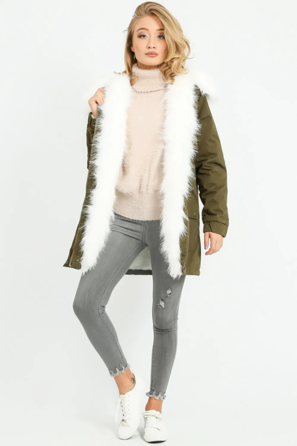 Khaki Parka With Faux Fur Lining In White