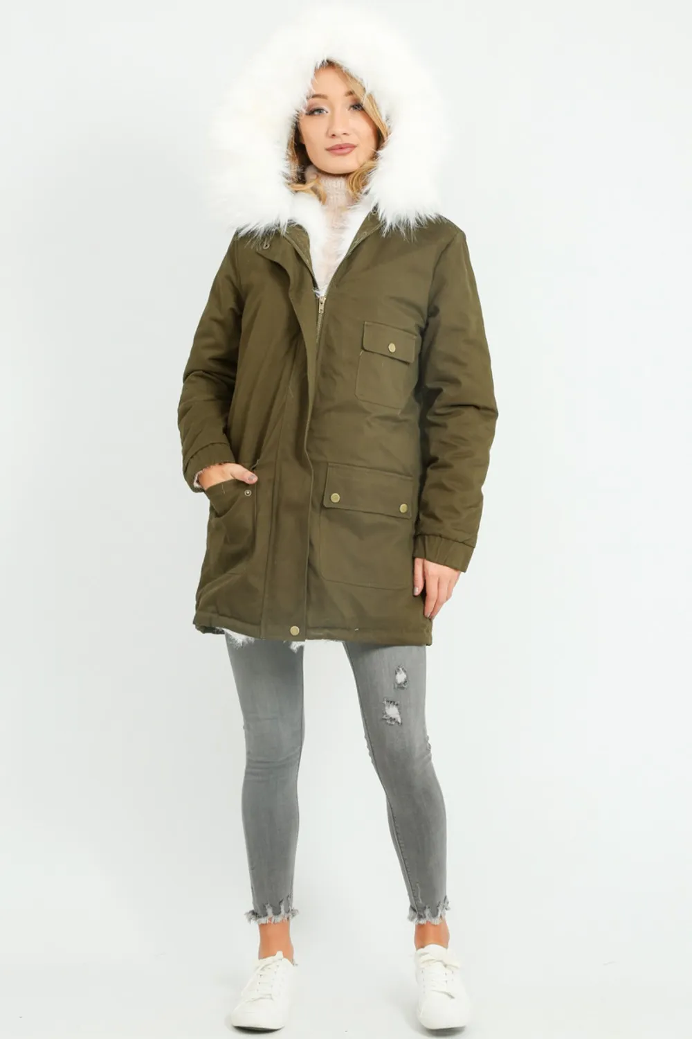 Khaki Parka With Faux Fur Lining In White