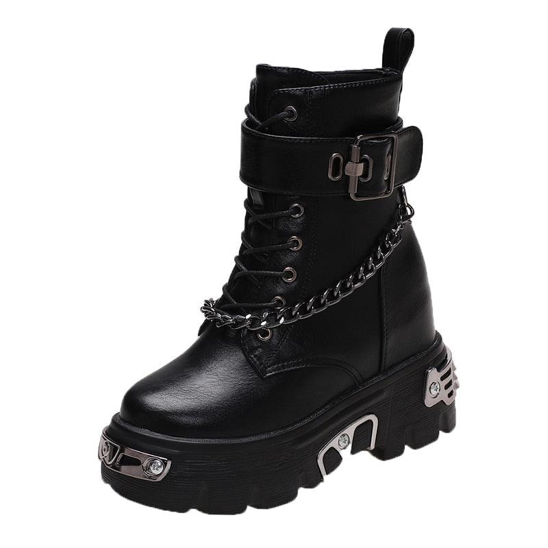 Leather Platform Chain Ankle Boots Gothic Style