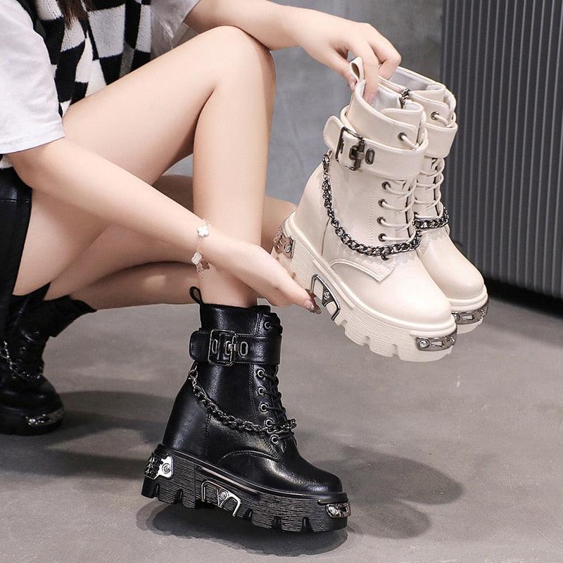 Leather Platform Chain Ankle Boots Gothic Style