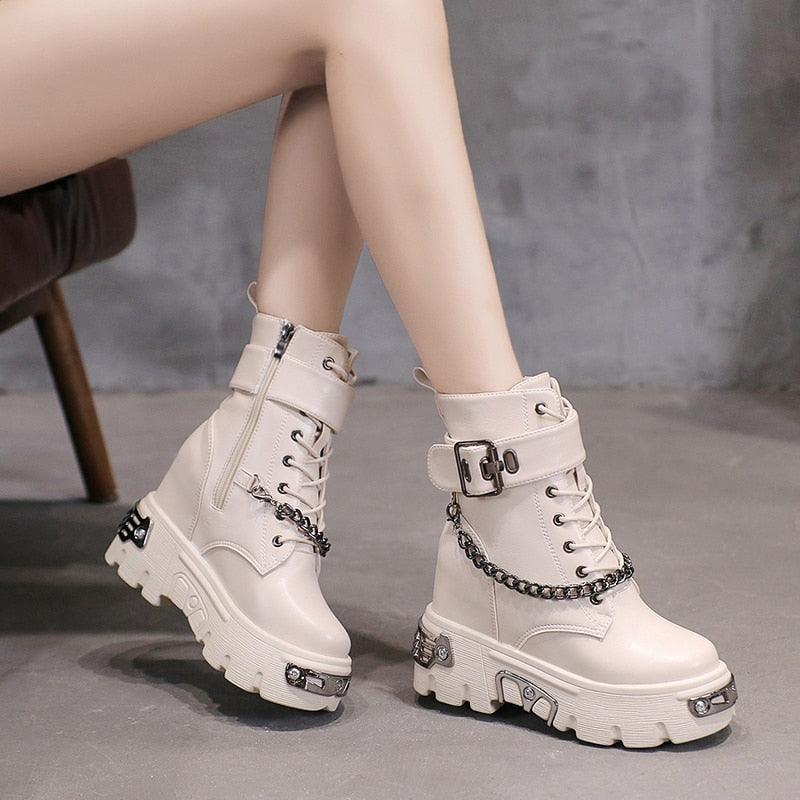 Leather Platform Chain Ankle Boots Gothic Style