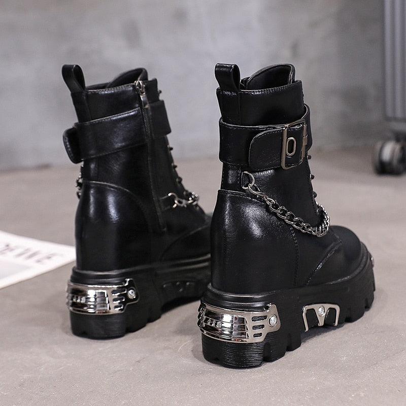 Leather Platform Chain Ankle Boots Gothic Style