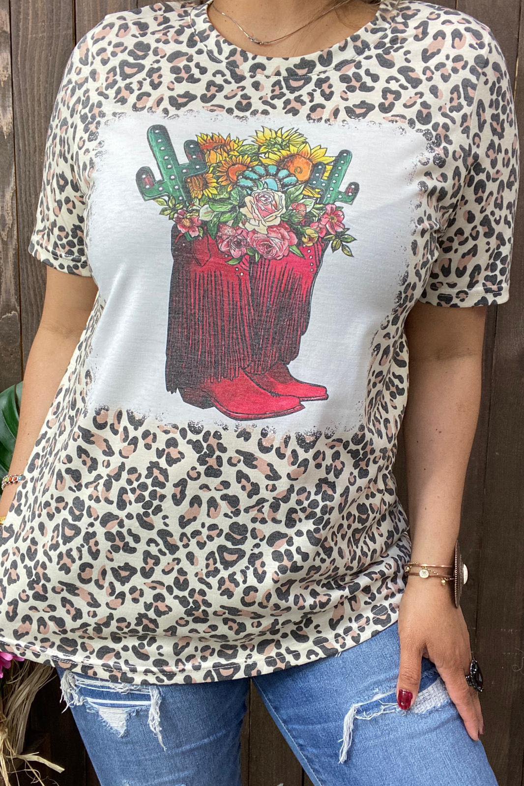 Leopard graphic tee with cowgirl boot design