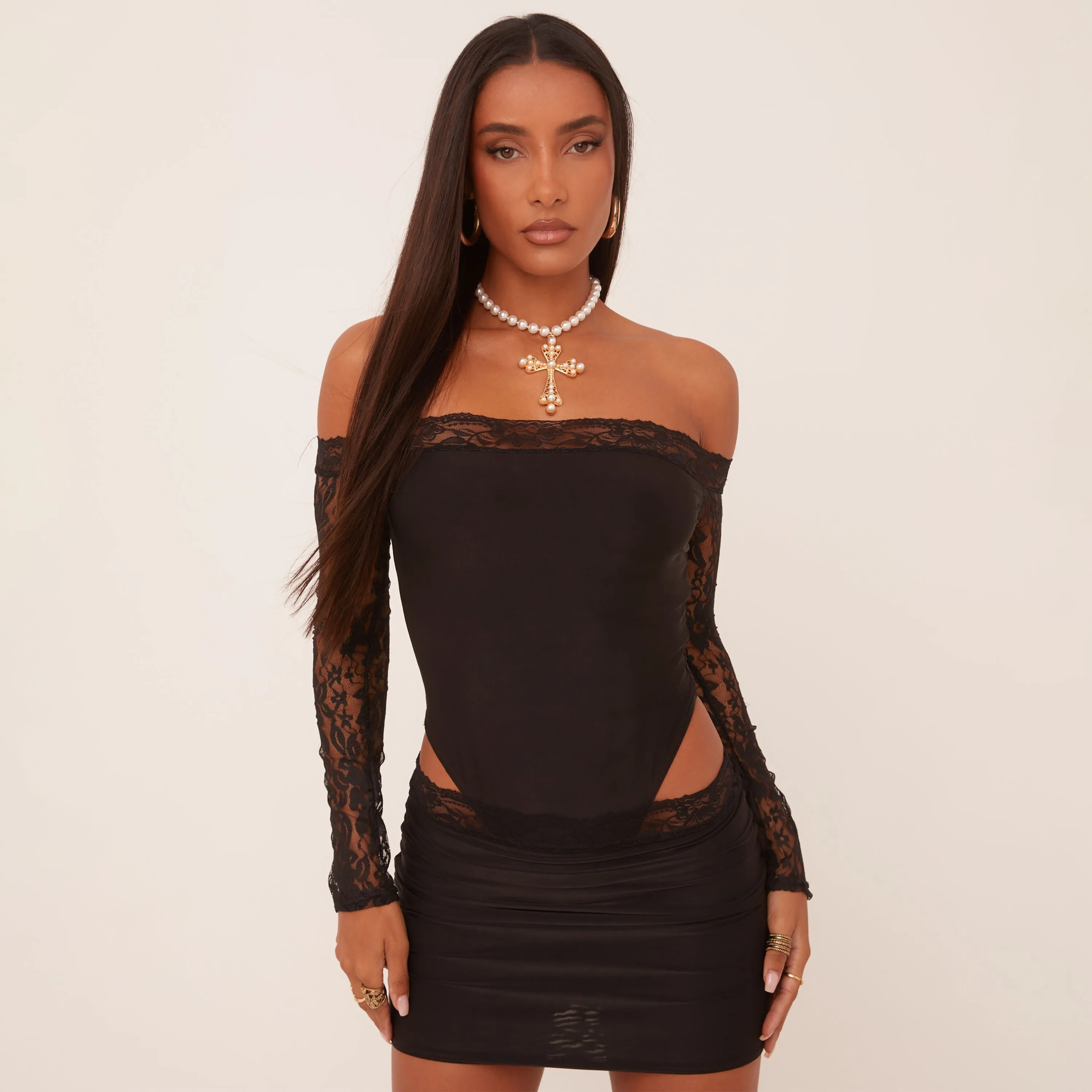 Low Rise Lace Trim Mini Bodycon Skirt In Black Slinky