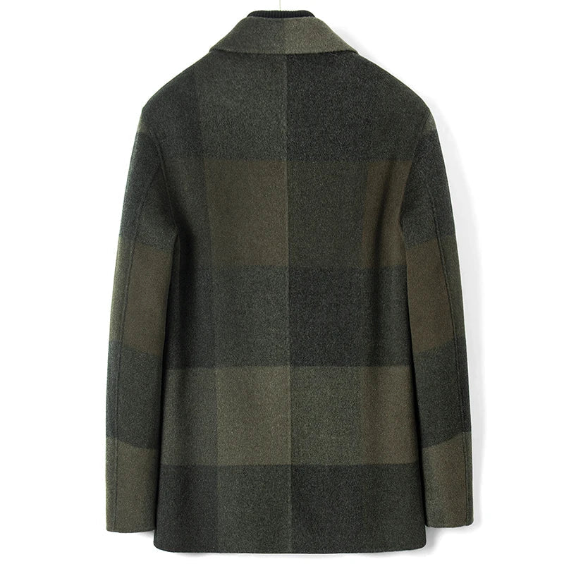 Men's 100% Wool Plaid Pattern Double Breasted Casual Winter Coat