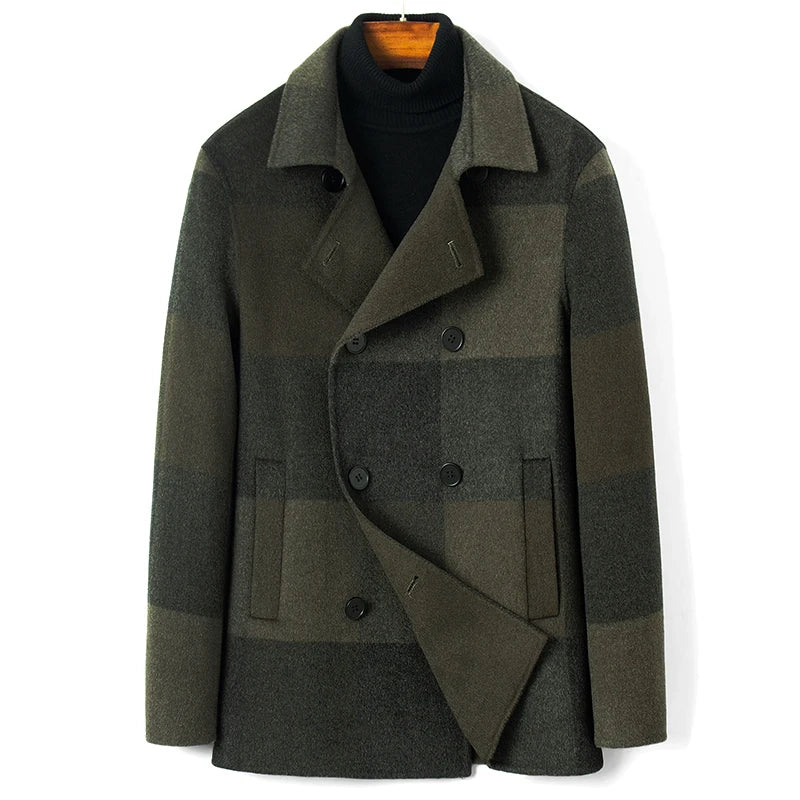 Men's 100% Wool Plaid Pattern Double Breasted Casual Winter Coat