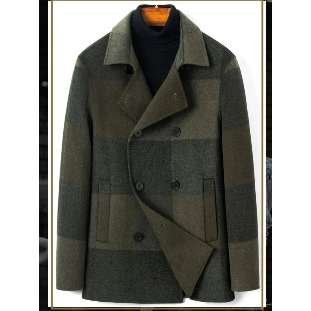 Men's 100% Wool Plaid Pattern Double Breasted Casual Winter Coat