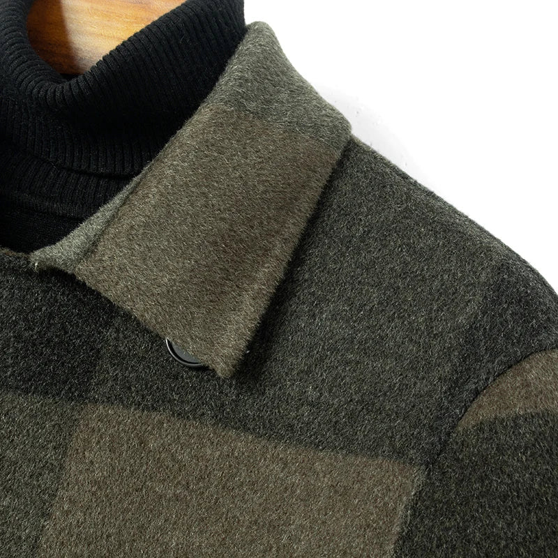 Men's 100% Wool Plaid Pattern Double Breasted Casual Winter Coat