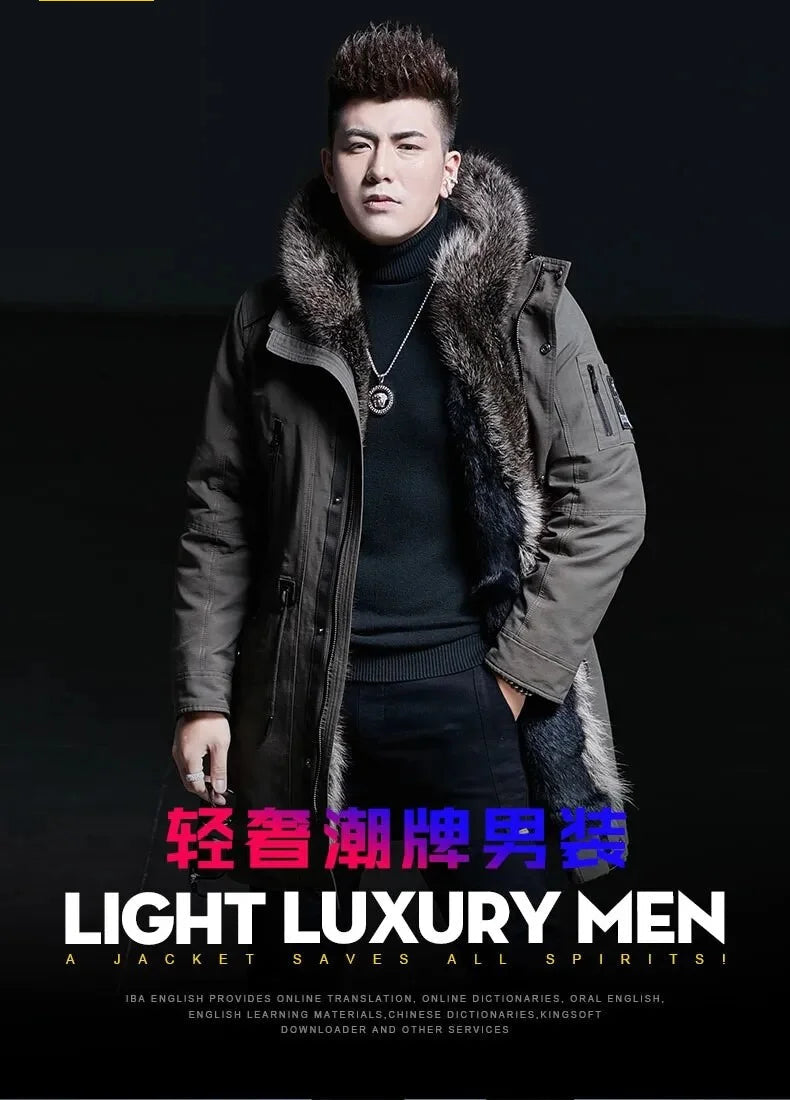 Men's Casual Mink Fur Hooded Zipper Medium Long Winter Jacket