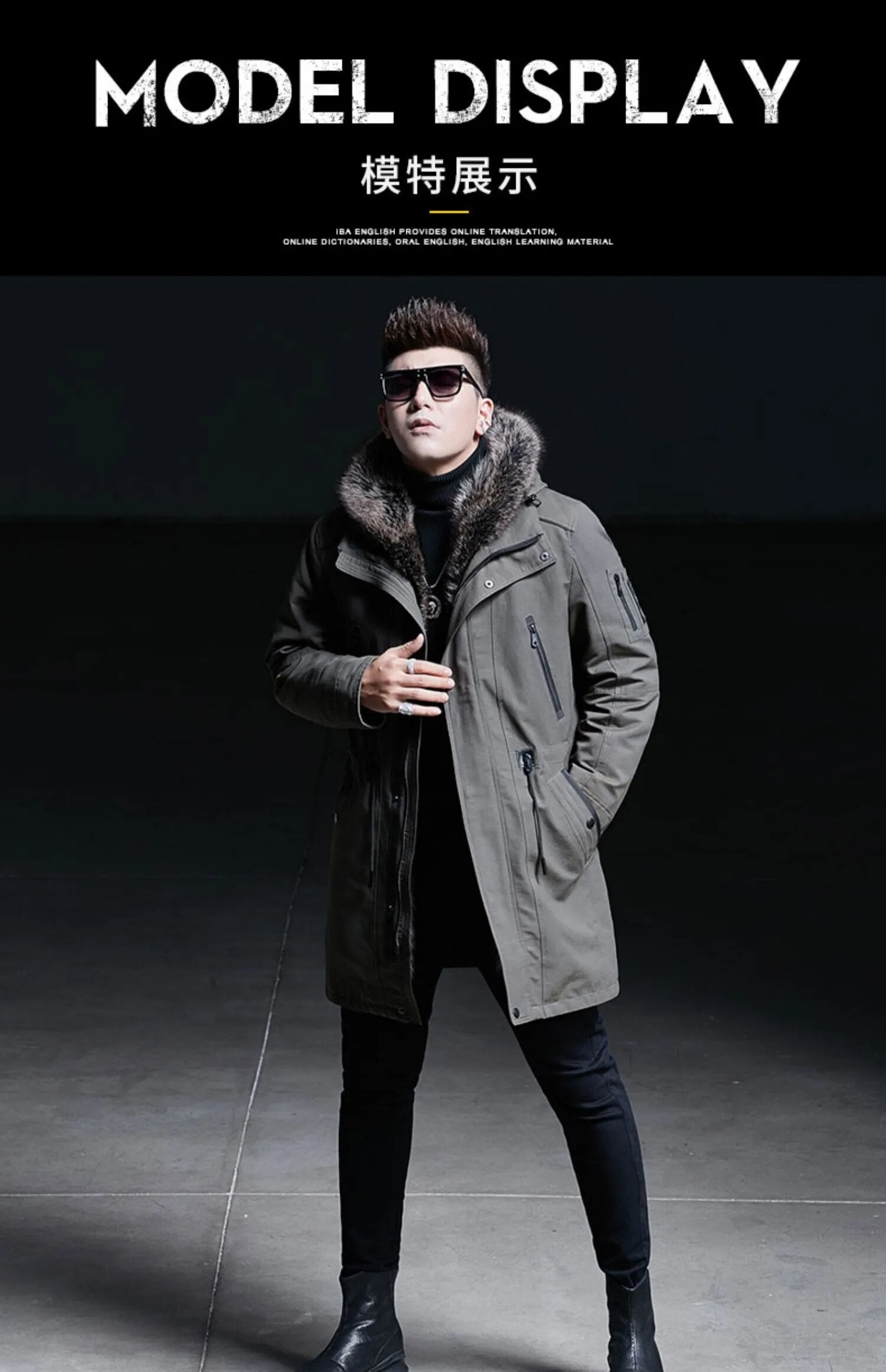 Men's Casual Mink Fur Hooded Zipper Medium Long Winter Jacket