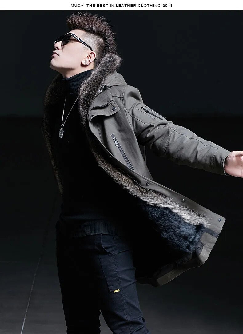 Men's Casual Mink Fur Hooded Zipper Medium Long Winter Jacket