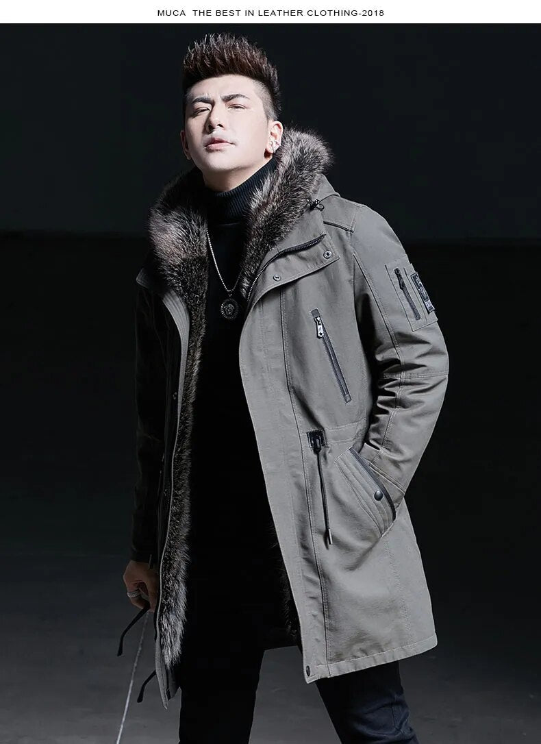 Men's Casual Mink Fur Hooded Zipper Medium Long Winter Jacket