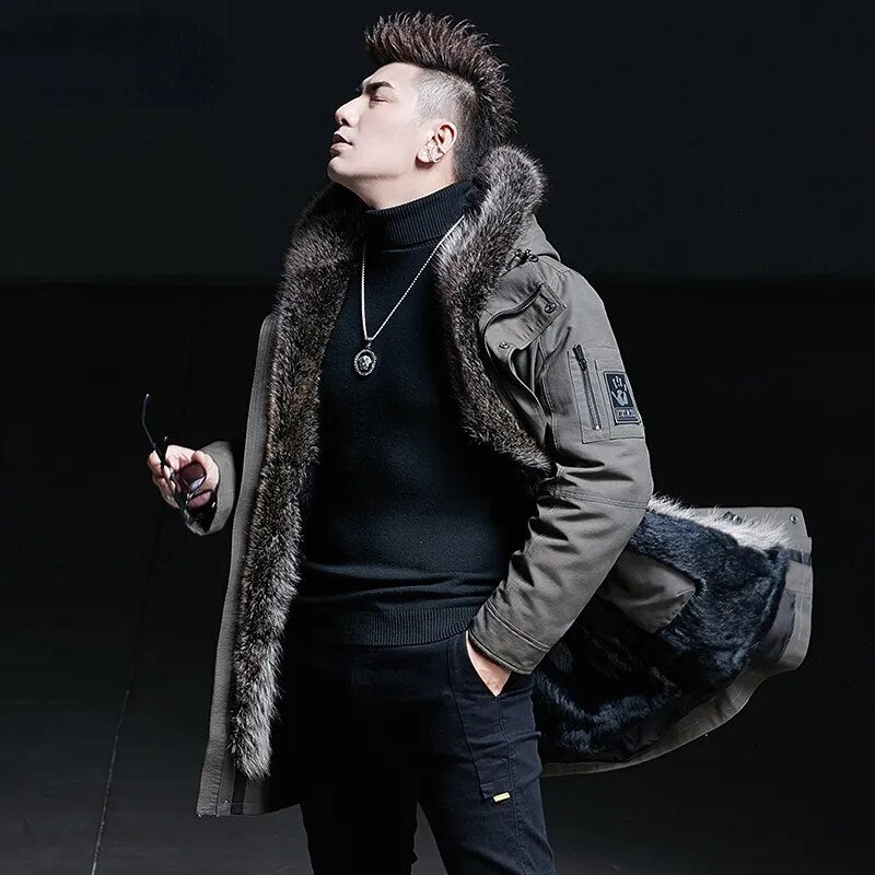 Men's Casual Mink Fur Hooded Zipper Medium Long Winter Jacket