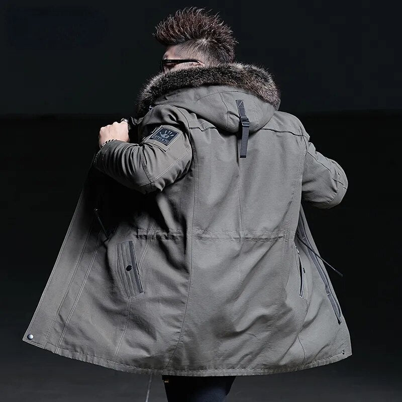 Men's Casual Mink Fur Hooded Zipper Medium Long Winter Jacket