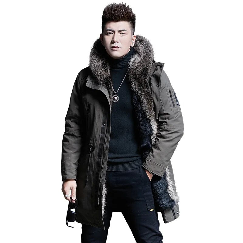 Men's Casual Mink Fur Hooded Zipper Medium Long Winter Jacket