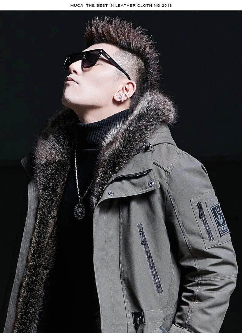 Men's Casual Mink Fur Hooded Zipper Medium Long Winter Jacket