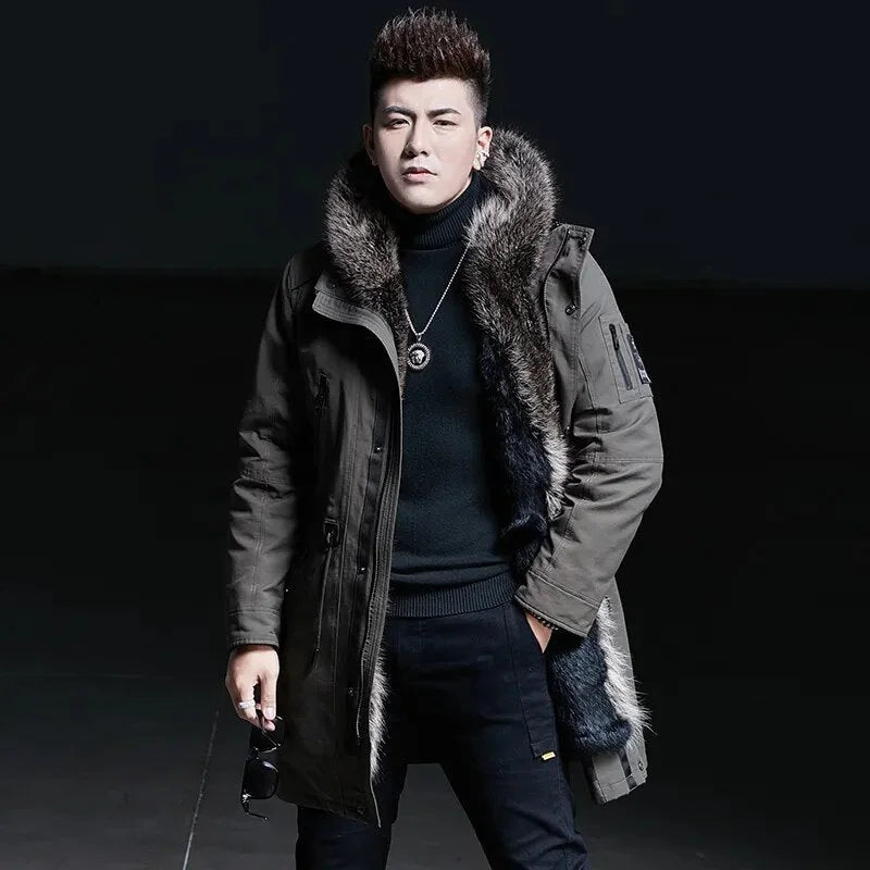 Men's Casual Mink Fur Hooded Zipper Medium Long Winter Jacket