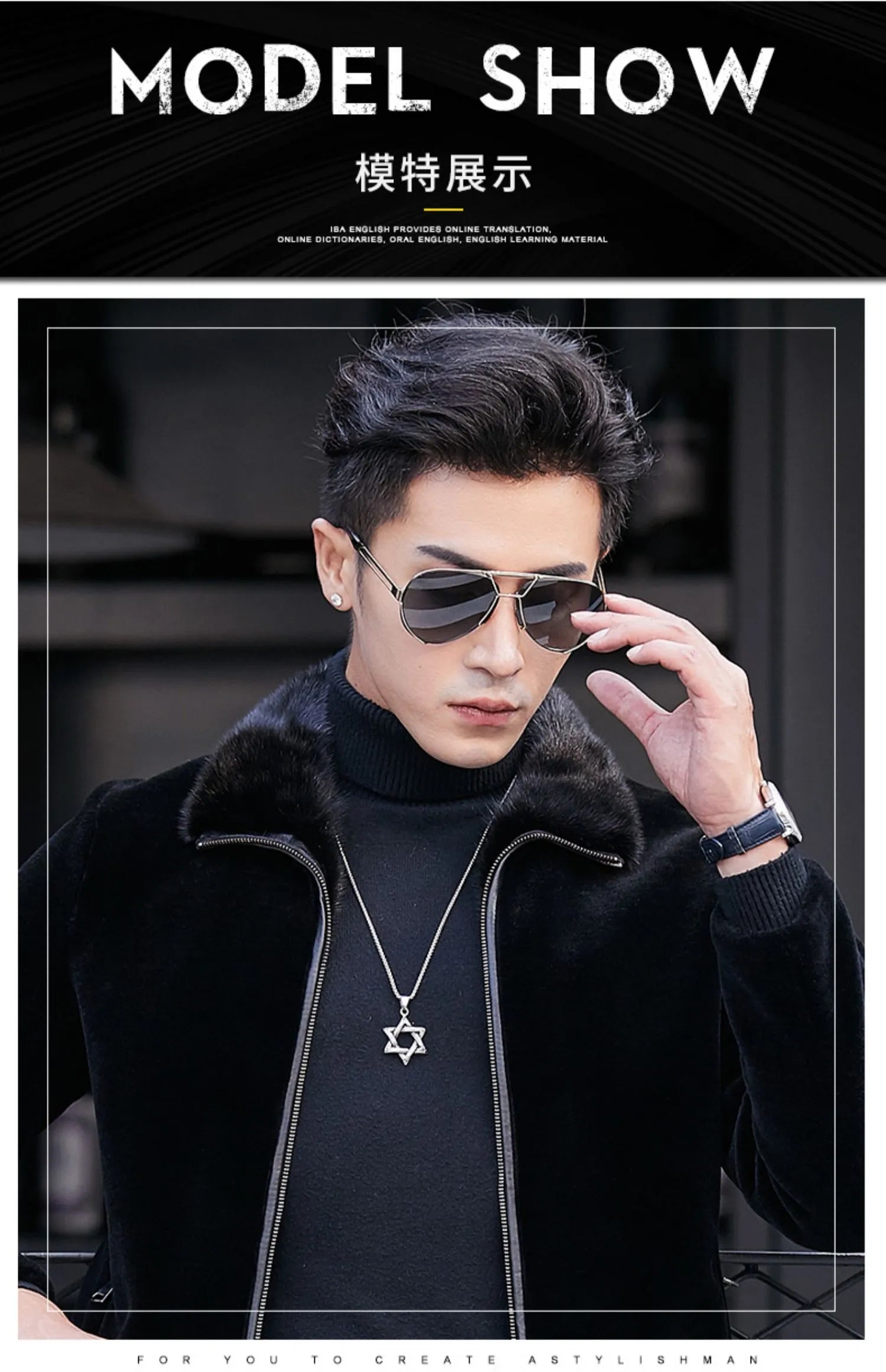 Men's Casual Solid Pattern Wool Lapel Fur Slim Fit Zipper Street Jacket