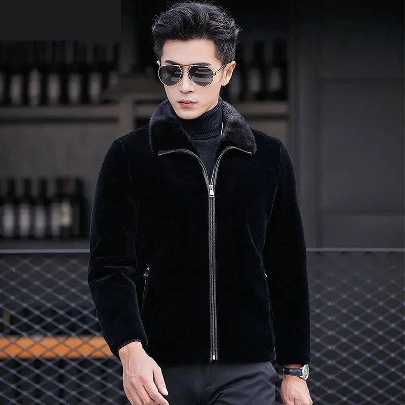 Men's Casual Solid Pattern Wool Lapel Fur Slim Fit Zipper Street Jacket