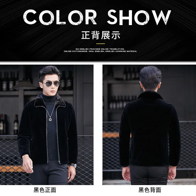 Men's Casual Solid Pattern Wool Lapel Fur Slim Fit Zipper Street Jacket