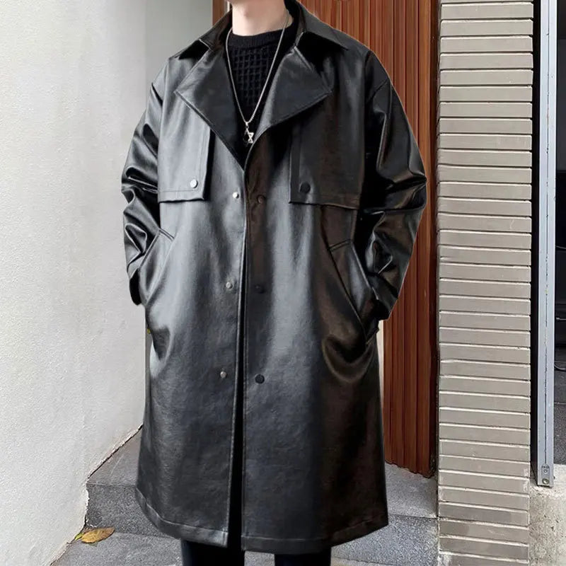 Men's Korean Retro Style Mid-length Slim-fit Synthetic Leather Trench Coat