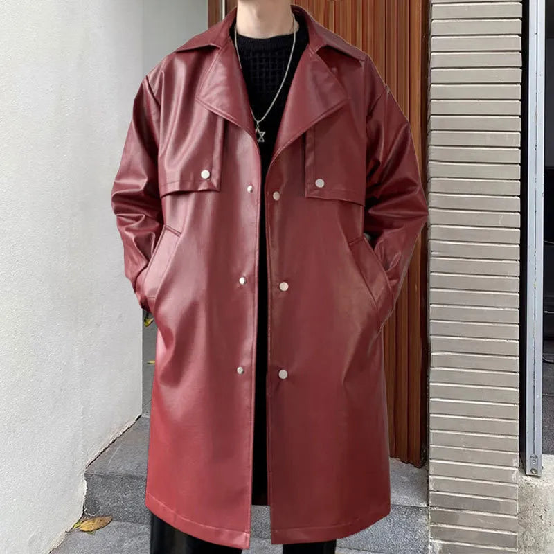 Men's Korean Retro Style Mid-length Slim-fit Synthetic Leather Trench Coat