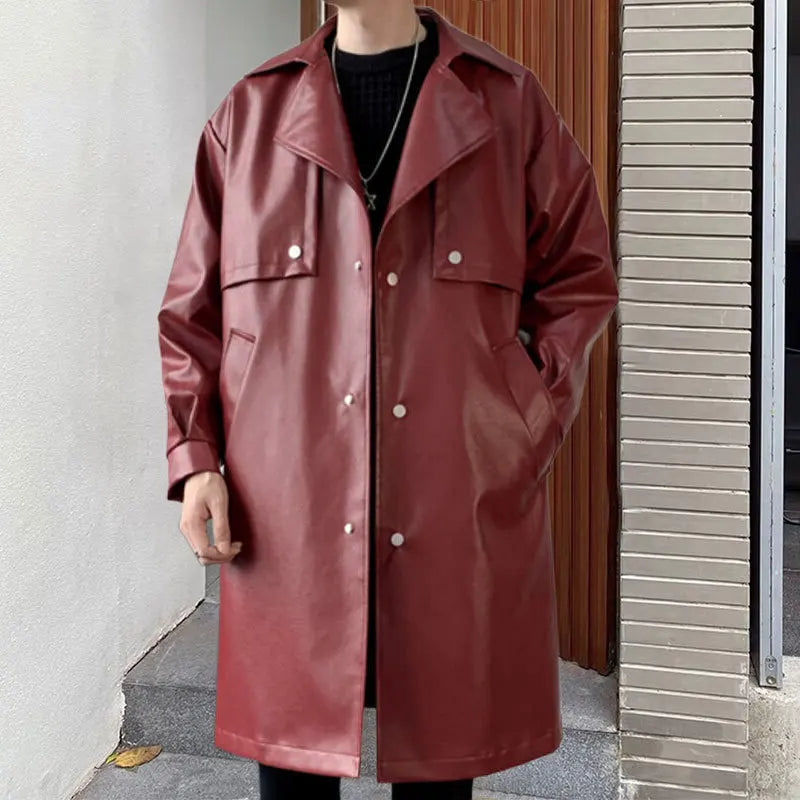 Men's Korean Retro Style Mid-length Slim-fit Synthetic Leather Trench Coat