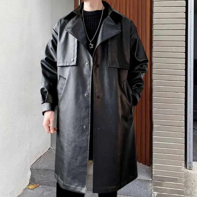 Men's Korean Retro Style Mid-length Slim-fit Synthetic Leather Trench Coat