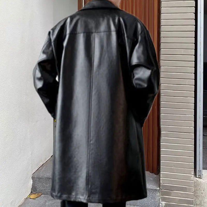 Men's Korean Retro Style Mid-length Slim-fit Synthetic Leather Trench Coat