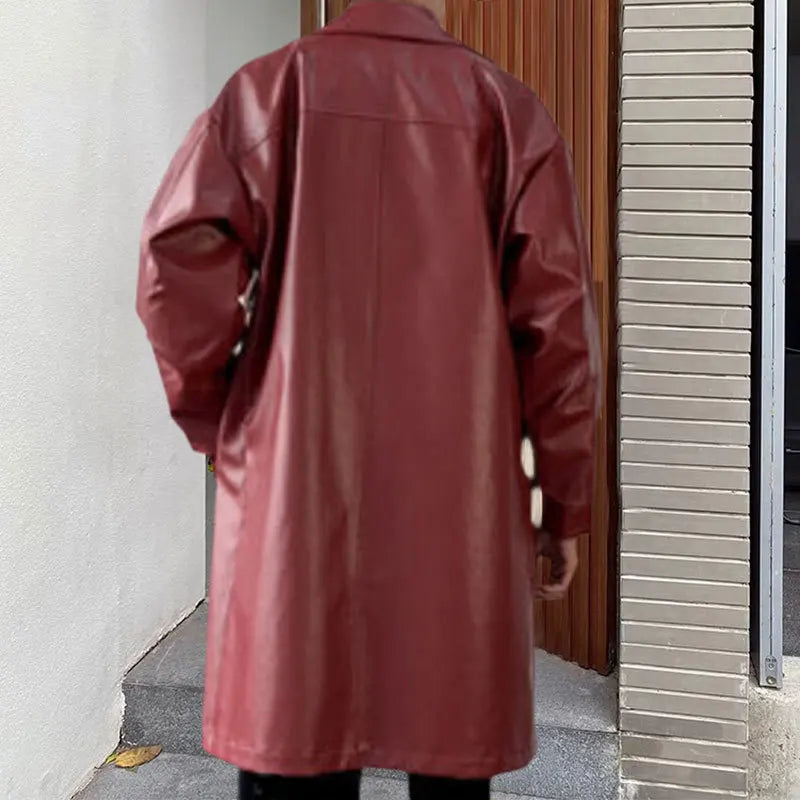 Men's Korean Retro Style Mid-length Slim-fit Synthetic Leather Trench Coat