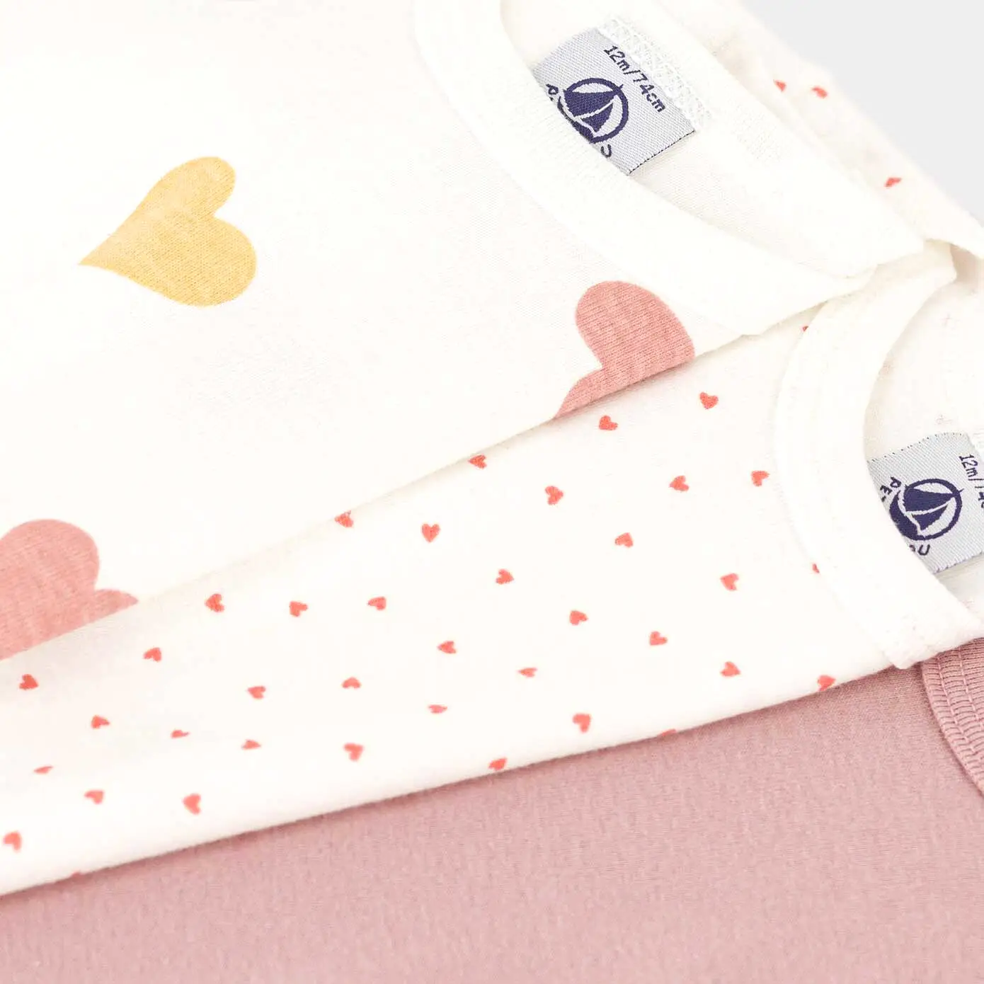 Petit Bateau Long Sleeve Bodysuit - Hearts, Mini Hearts, Solid