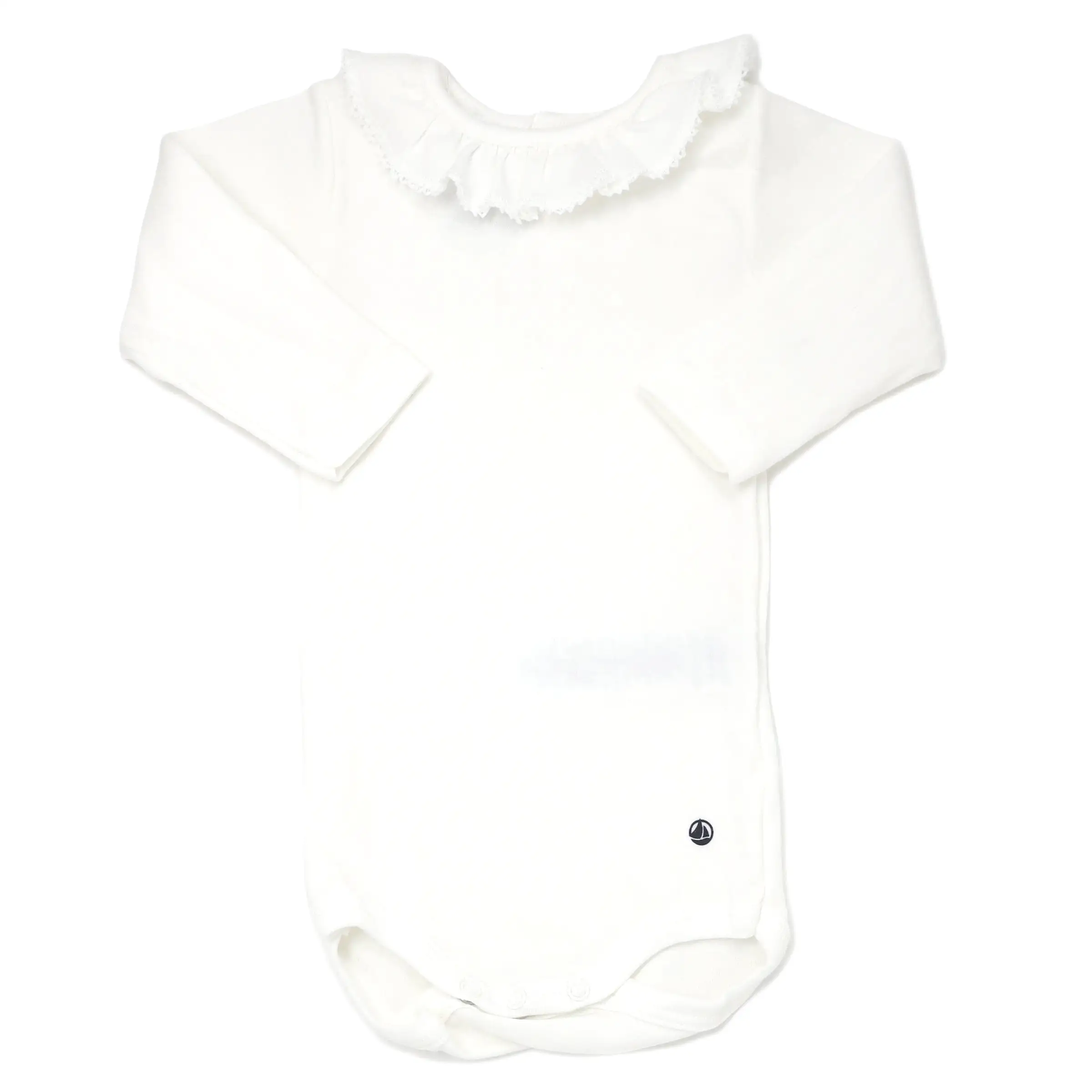 Petit Bateau Long Sleeve Bodysuit with Ruffle Collar - White