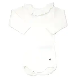 Petit Bateau Long Sleeve Bodysuit with Ruffle Collar - White