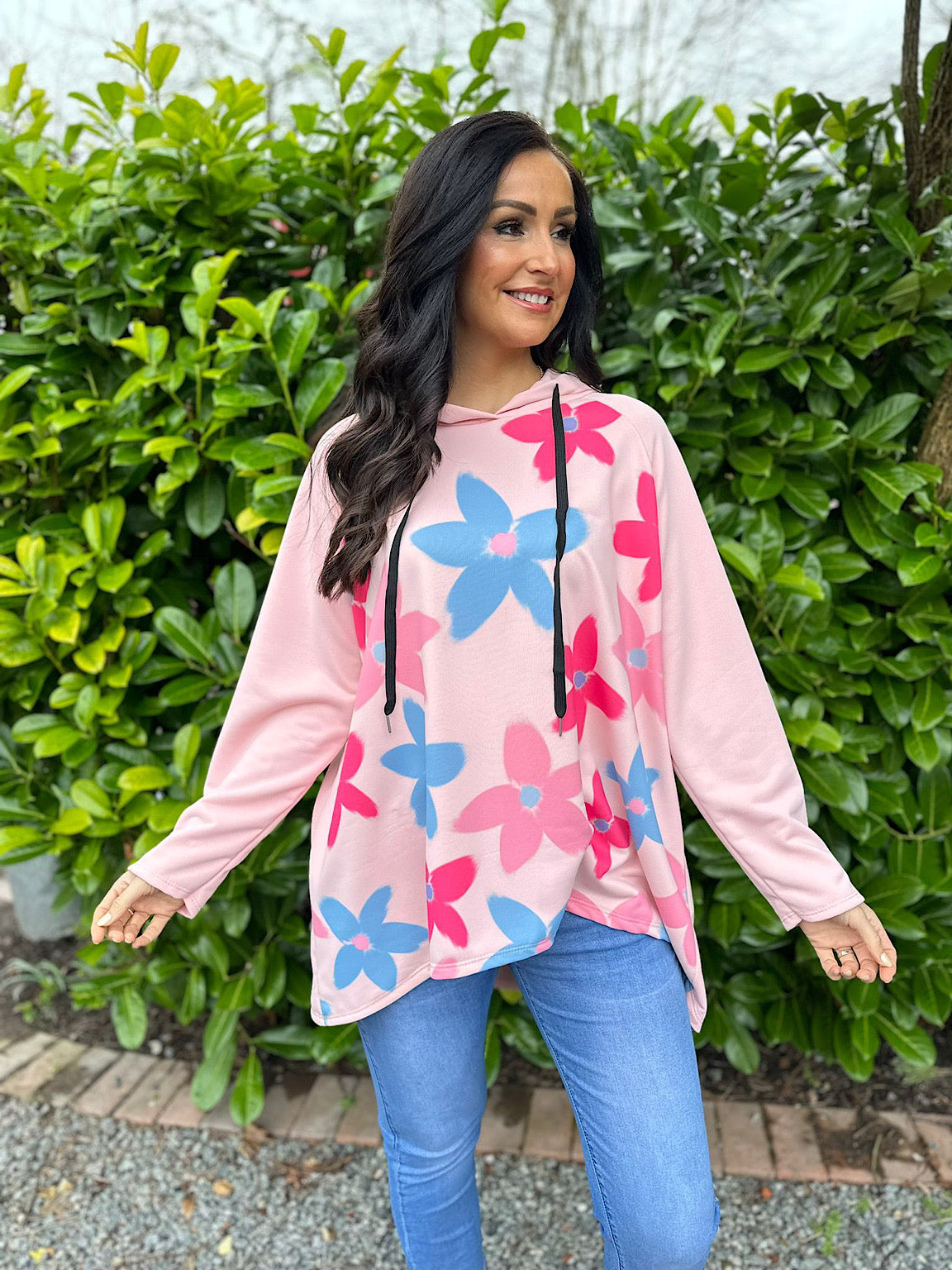 Pink Flower Printed Hoodie Frances