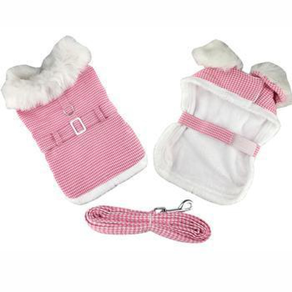 Pink Houndstooth and White Fur Collar Harness Coat