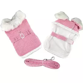 Pink Houndstooth and White Fur Collar Harness Coat