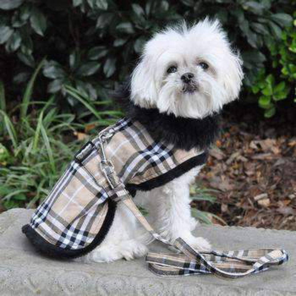 Plaid Fur-Trimmed Dog Harness Coat - Camel and Black