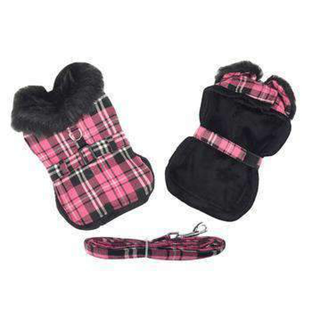 Plaid Fur-Trimmed Dog Harness Coat - Hot Pink and Black