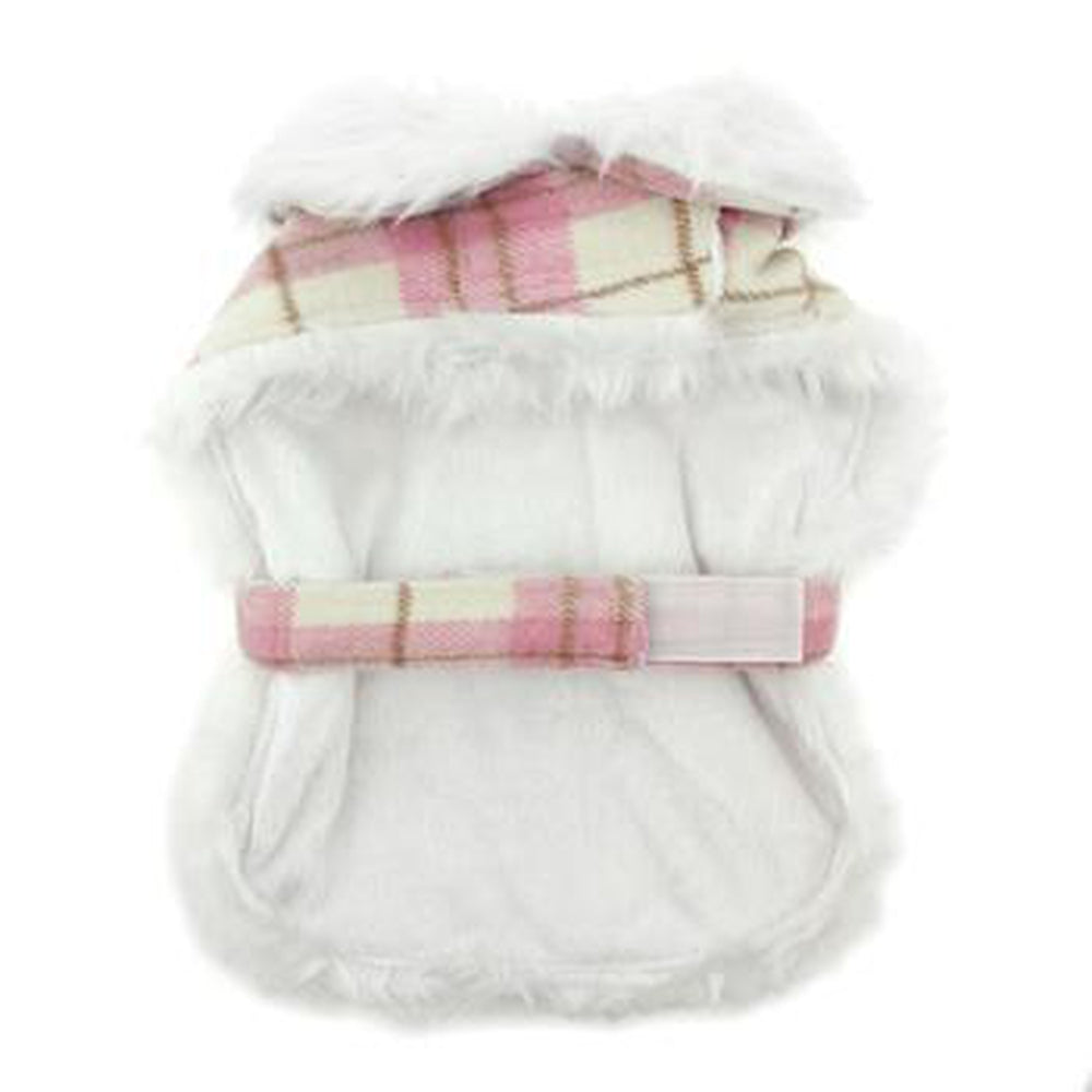 Plaid Fur-Trimmed Dog Harness Coat - Pink and White