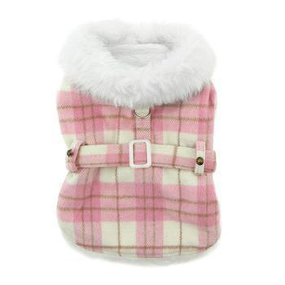 Plaid Fur-Trimmed Dog Harness Coat - Pink and White