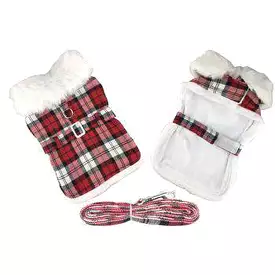 Plaid Fur-Trimmed Dog Harness Coat - Red and White