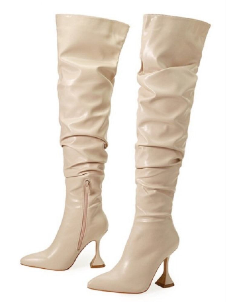 Pleated Leather Over The Knee Boots Sexy Pointed Toe