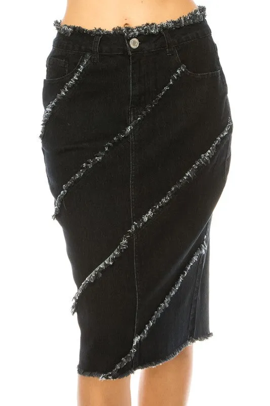 Roxanne Black Wash Fringe Jean Skirt