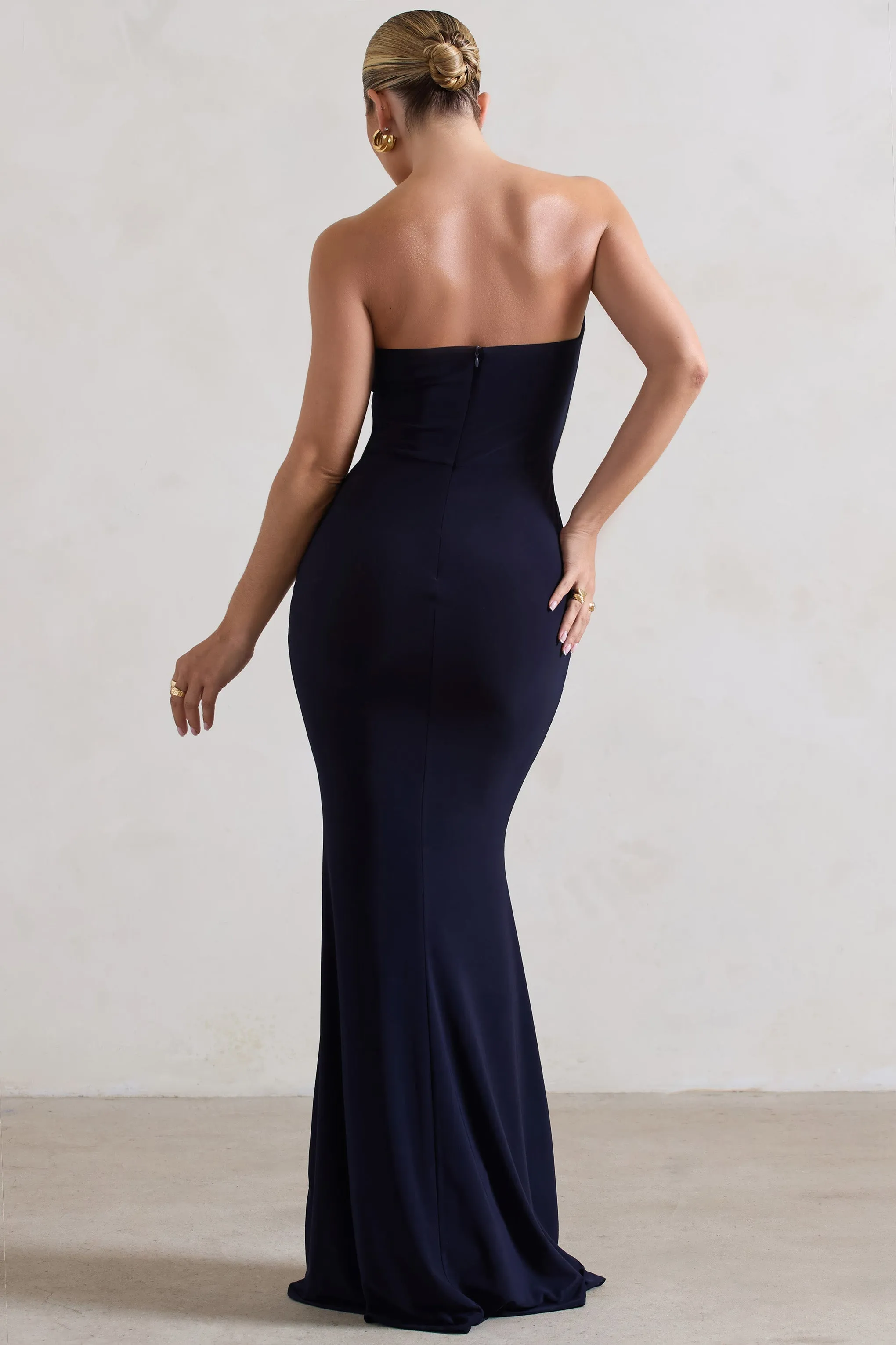 Saphira | Navy Gathered Corset Style Split Maxi Dress