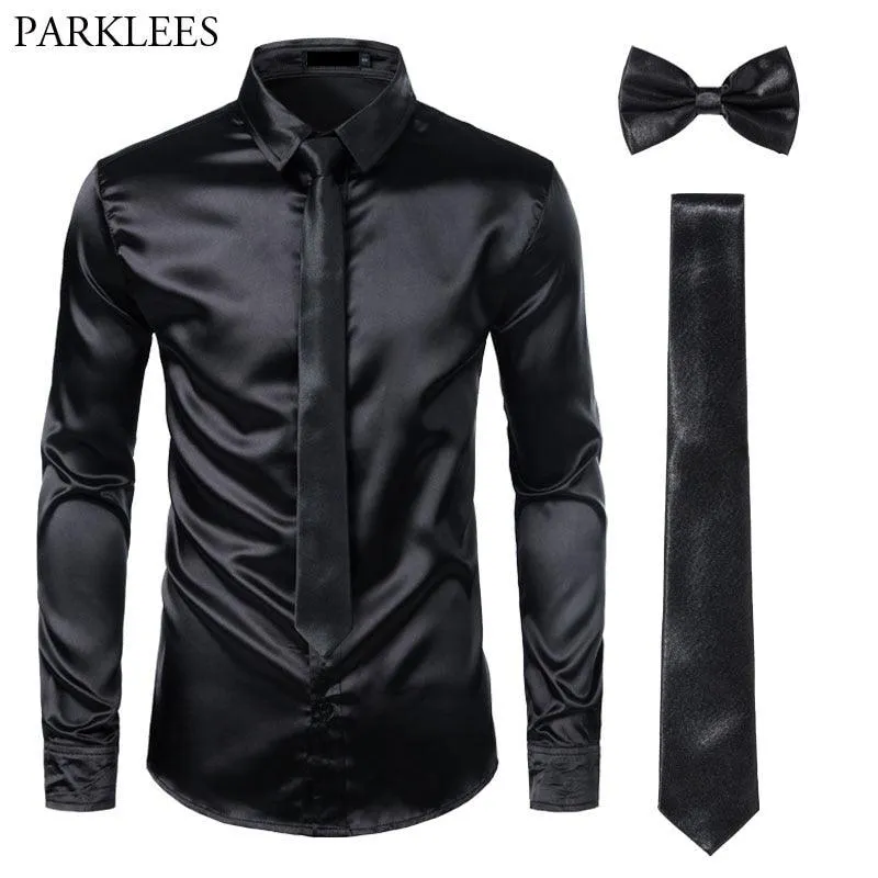 Smooth Satin Silk Dress Shirt Set - Includes Shirt, Tie, and Bowtie in 3-Piece Set