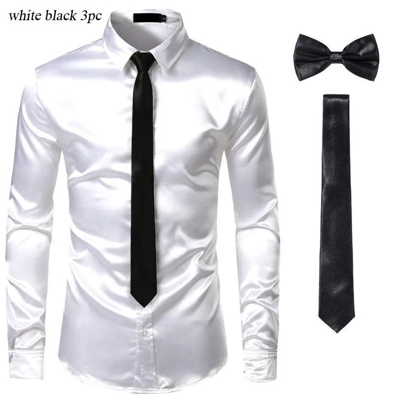 Smooth Satin Silk Dress Shirt Set - Includes Shirt, Tie, and Bowtie in 3-Piece Set