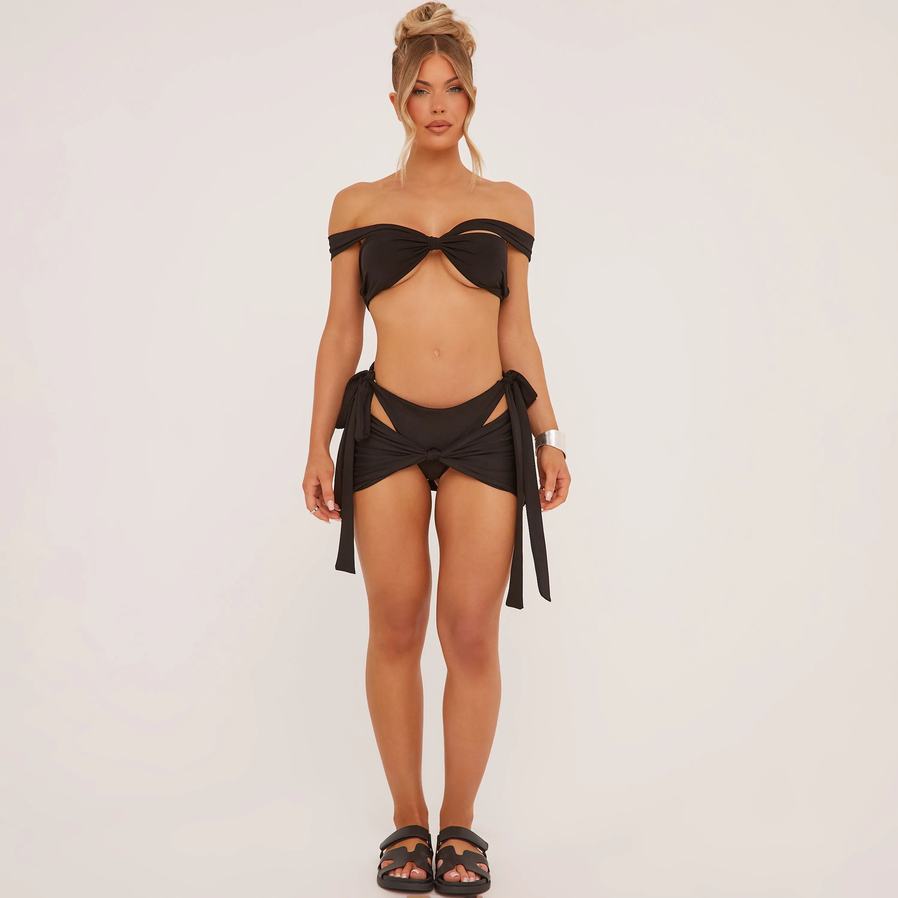 Strappy Bardot Bikini Set And Knot Detail Cover Up Skirt In Black