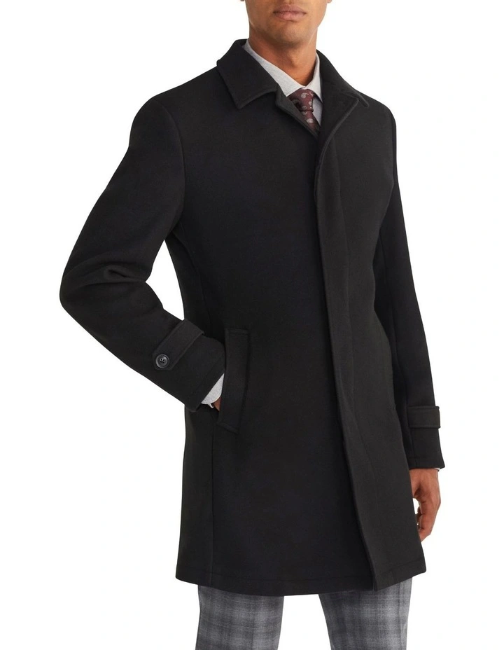 Tailored Melton 4 Button Coat in Black