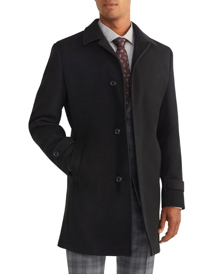 Tailored Melton 4 Button Coat in Black