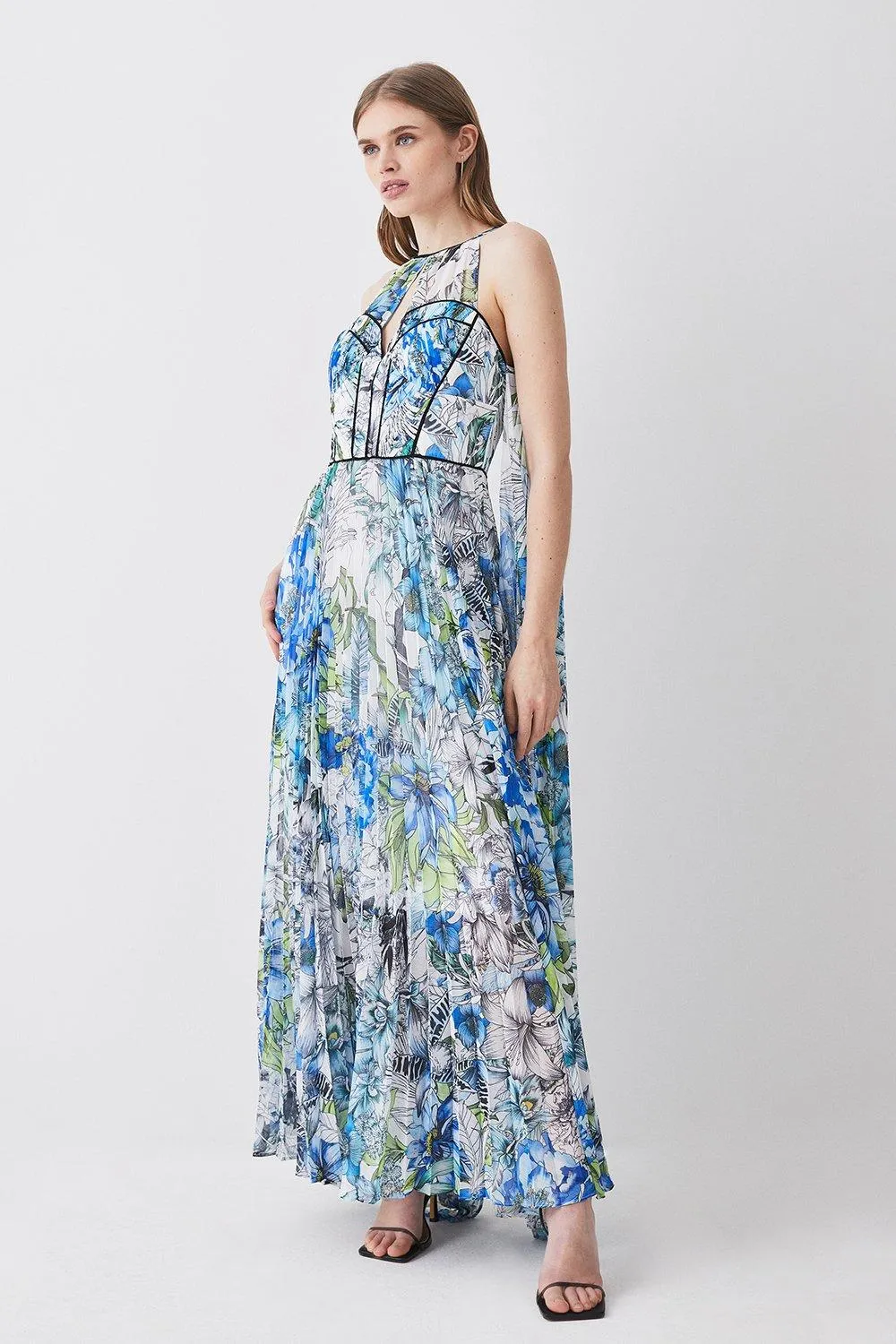 Tall Corset Detail Floral Pleated Halter Woven Maxi Dress | Karen Millen